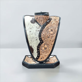 Chocolate tooled leather & cowhide necklace display