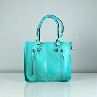 Turquoise tooled leather & cowhide tote bag