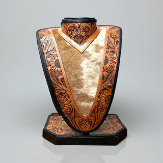 Tan cowhide & tooled leather necklace display
