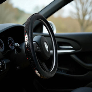 15-15.5” all black cards tooled leather steering wheel cover