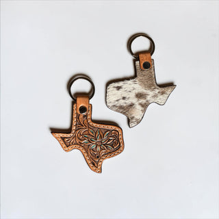 Texas state tooled leather & cowhide keychain