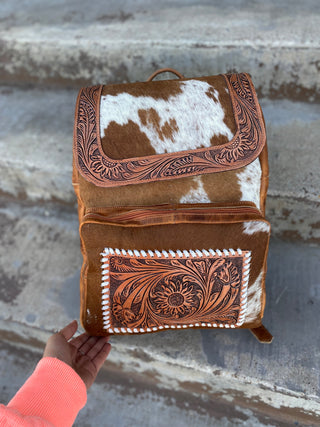 Tan Tooled Leather & Cowhide Backpack