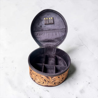 All tooled leather round jewelry box