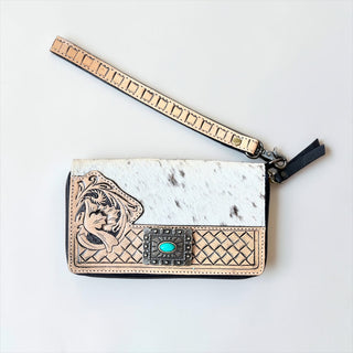 Tan tooled leather & cowhide wallet