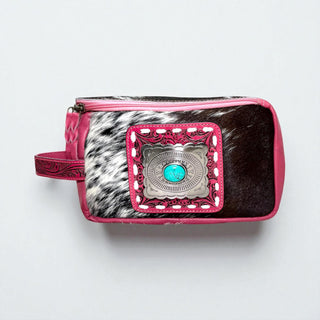 Pink Concho tooled & cowhide makeup bag
