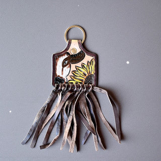 Cow sunflower tooled leather fringe keychain