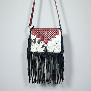 Red checkered tooled leather & cowhide crossbody bag