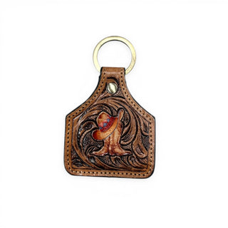 Boot tooled leather & cowhide keychain