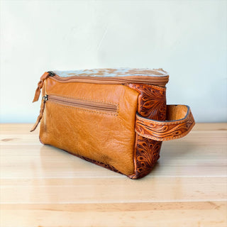 Tan cowhide & leather makeup bag