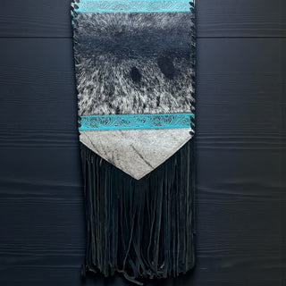 6ft turquoise tooled leather & cowhide fringe table runner