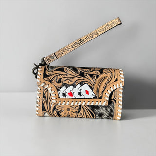 Tan cards tooled leather & cowhide wallet