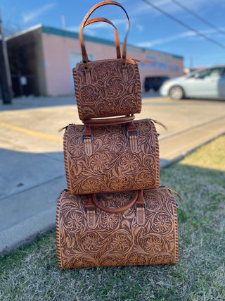 Medium Tan Floral Tooled Leather Speedy Duffle Bag