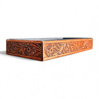 Large tan tooled leather ring holder