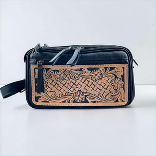 Black tooled leather toiletry bag