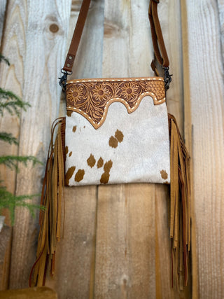 Tan Cowhide Fringe Crossbody