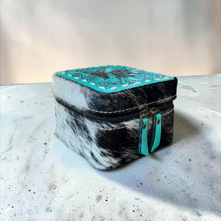 Turquoise tooled leather & cowhide jewelry box