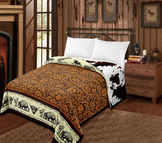 Tan floral/ cowprint reversible- Mia blanket