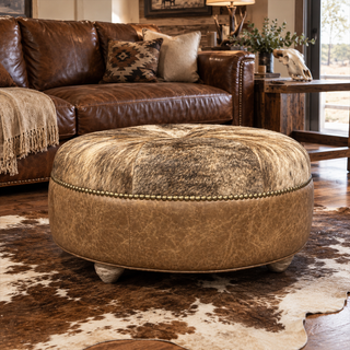 Rustic brindle cowhide & leather ottoman