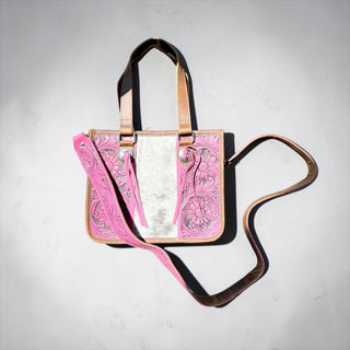 Pink tooled leather & cowhide shoulder bag