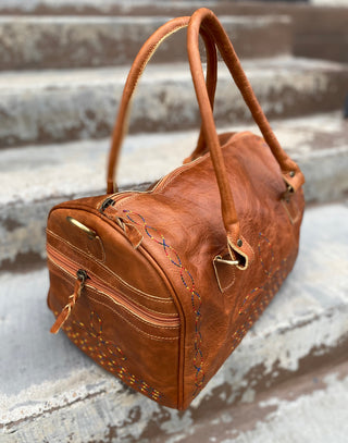 Tan Vintage Tooled Duffle Bag