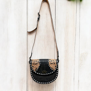 Black tooled leather crossbody bag