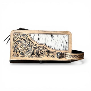 Tan tooled leather & cowhide toiletry bag