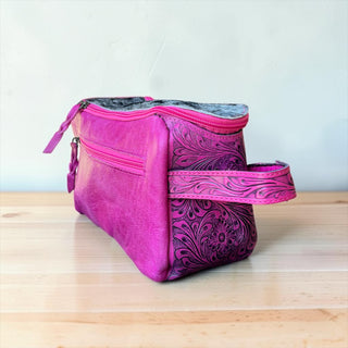 Pink cowhide & leather makeup bag