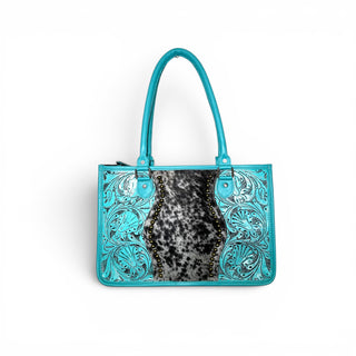 Turquoise tooled leather & cowhide tote bag