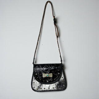 Black tooled leather & cowhide crossbody bag