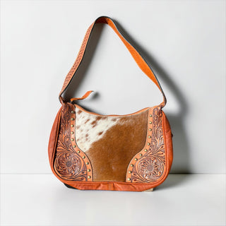 Tan tooled leather & cowhide shoulder bag