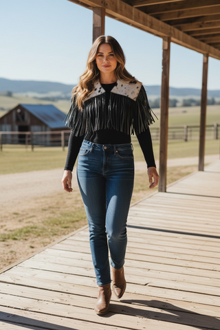 Black cowhide fringe capelet