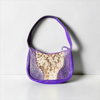 Purple tooled leather & cowhide shoulder bag
