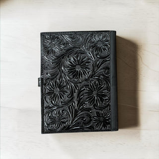 Black tooled leather & cowhide book cover