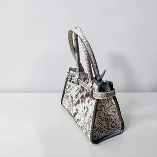 Silver cowhide & tooled leather shoulder bag