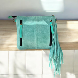 Turquoise suede & tooled fringe Crossbody Bag
