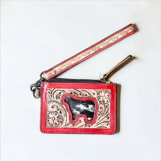 Red tooled leather & cowhide coin pouch