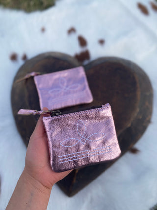 Pink Foil Leather BootStitch Coin Pouch