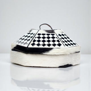 Checkered tooled leather & cowhide hat case