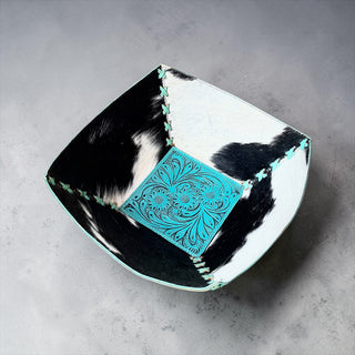 Turquoise tooled leather & cowhide bowl