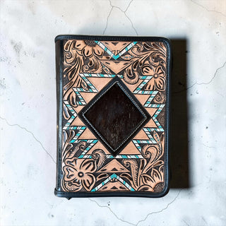 Tooled leather & cowhide zipper bible cover