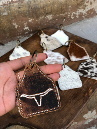 Longhorn Rustic Leather & Cowhide Keychain 1pc