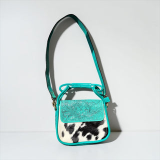 Turquoise tooled leather & cowhide shoulder bag