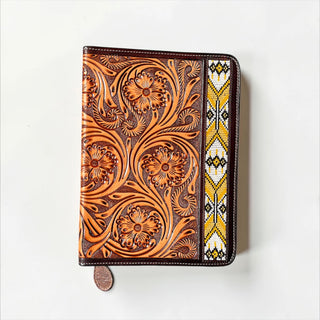 Yellow Aztec floral tooled leather bible cover