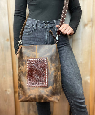 Wine Rustic Leather & Tooled Floral Crossbody