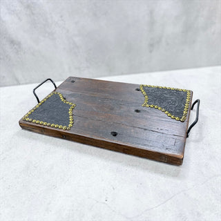 Black tooled leather wood tray