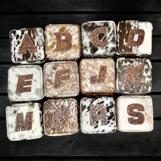 Alphabet tooled leather & cowhide jewelry box