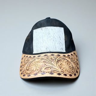 Tooled leather & cowhide cap