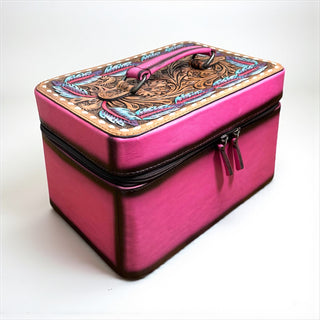 Pink feathers tooled leather jewelry box