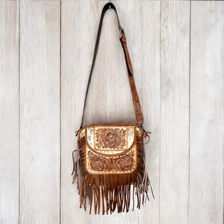 Tan tooled leather & cowhide crossbody bag