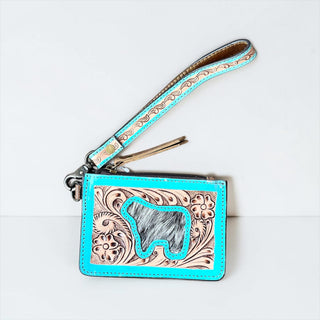 Turquoise tooled leather & cowhide coin pouch